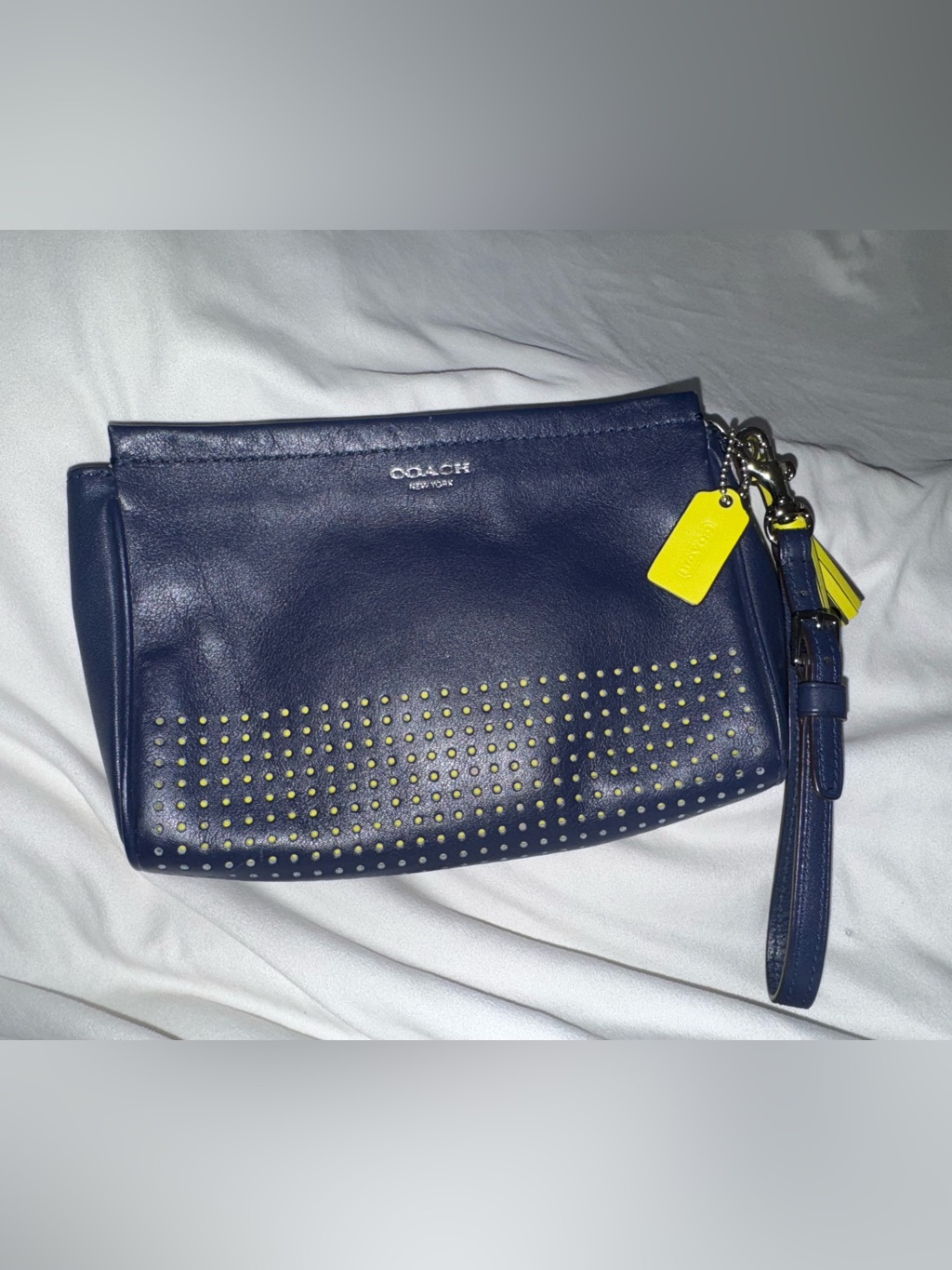 New Coach Legacy Navy & Yellow Perforated Leather Wristlet W/Adjustable Strap